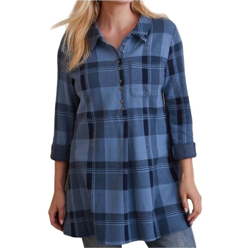 Soft Surroundings Mad About Plaid Blue Buffalo Check Tunic Sweater Size Medium